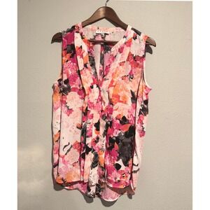 Chaus New York Floral Sleeveless Blouse Top Pink Orange‎ Black Women's L